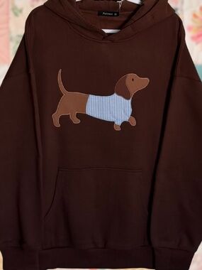 Dachshund Wearing Blue Stripe Sweater Chocolate Brown Automet Brand Hoodie XL